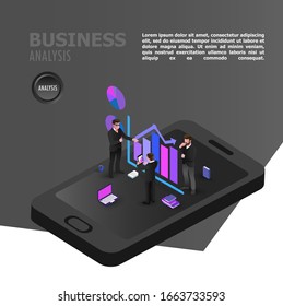 Minimal black, Illustration Flat isometric Business analysis concept with characters. Graphic and audit documentation, economic analysis financial budget. vector background.