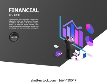 Minimal black, Illustration Flat isometric Business analysis concept with character. Graphic and audit documentation, economic analysis financial budget. vector background. 