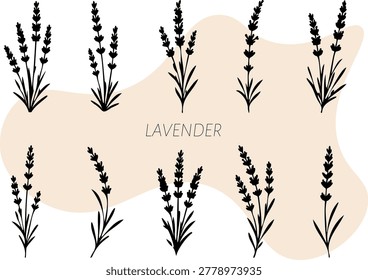Minimal black lavender botanical silhouettes collection with elegant floral vector elements set