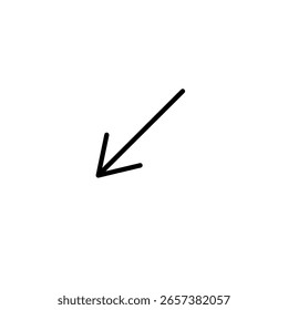 Seta de linha preta mínima apontando diagonalmente para a parte inferior esquerda em um fundo branco, representando direção, declínio ou movimento em um design simples.