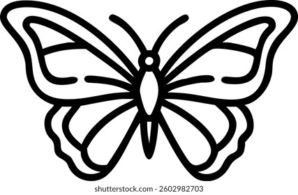Minimal black line art butterfly outline with geometric balance and smooth curves for coloring pages and educational use