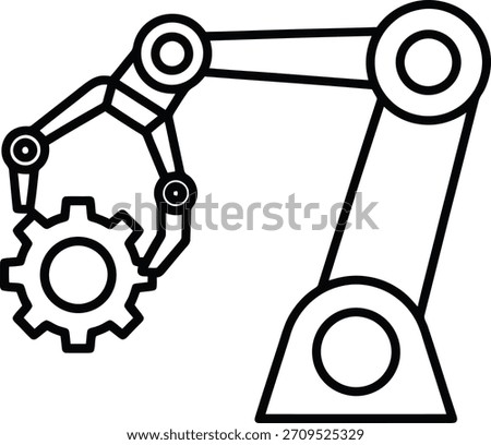 Minimal black line art robotic arm holding a gear vector icon. Isolated on white background, perfect for technology concepts.