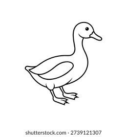 Minimal black line art vector of single duck walking, isolated on white background, clean and flat vector icon