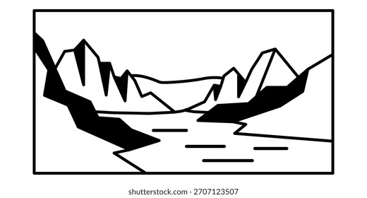 Obra de arte de línea negra mínima de una escena de valle frío, perfecta para el invierno, la naturaleza y los temas de paisaje glacial.