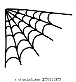 Minimal black line drawing of a corner spider web with curved strands on a white background