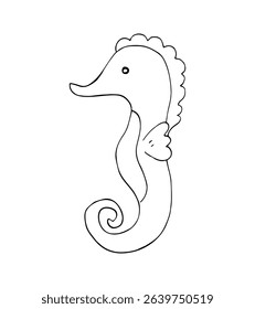 Minimal black line drawing of a seahorse with simple, smooth shapes and whimsical style. Perfect for ocean-themed designs, children's decor, coloring books, educational materials