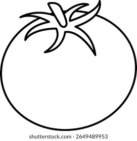 Minimal black line drawing of a tomato with visible stem and leaves, illustrated in a simple flat outline style, ideal for food icons, healthy eating visuals, or culinary designs