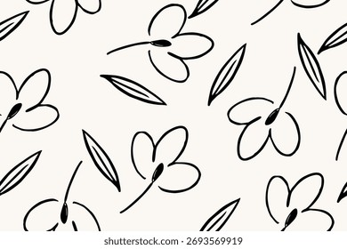 Minimal black line floral pattern with simple hand-drawn flowers and leaves on a white background, perfect for modern fabric, wallpaper, or digital design.