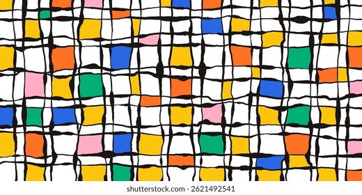 Minimal Black Line Grid with Colorful Squares on White Background. Modern hand drawn style. Abstract geometric texture. Simple line art design.