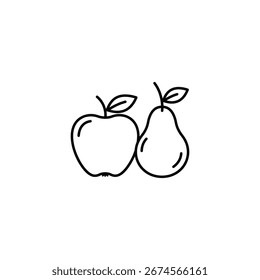 Mínimo ícone de linha preta de maçã e pera com folhas — perfeito para aplicativos de alimentos, visuais de nutrição ou materiais educacionais.