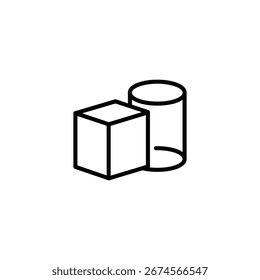 Minimal black line icon of cube and cylinder—ideal for educational visuals, geometry lessons, or design elements.