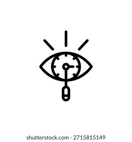 Ícone de linha preta mínimo de um olho contendo um relógio e um conta-gotas abaixo, simbolizando o tempo de visão, a programação de cuidados oculares ou um lembrete para tratamento ocular.