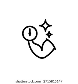 Minimales schwarzes Liniensymbol eines geflochtenen Bizeps mit runder Spurweite und Funkeln, die Stärke und Leistung anzeigen.