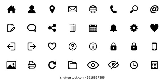  Minimal black line icon set for websites and mobile apps. Includes home, user, email, chat, calendar, settings, heart, lock, eye, and more. Perfect for clean and modern UI design.