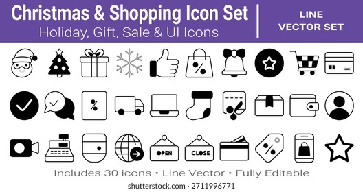 Minimal black line icon set featuring Christmas shopping UI elements.