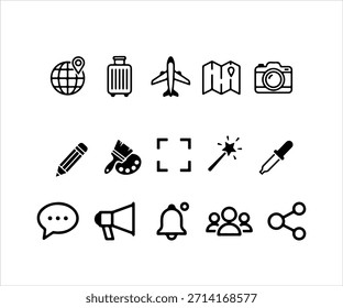 Conjunto de iconos de línea negra mínima con viajes, herramientas creativas y símbolos de comunicación social. Elementos de Vector simples para App, interfaz de usuario de Web, presentaciones e infografías.