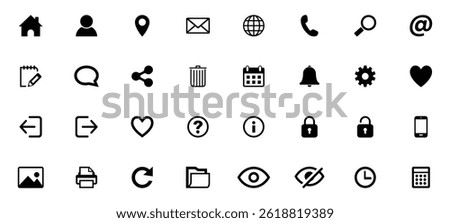  Minimal black line icon set for websites and mobile apps. Includes home, user, email, chat, calendar, settings, heart, lock, eye, and more. Perfect for clean and modern UI design.