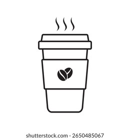 Minimal black line icon of a takeaway hot coffee cup with steam and coffee bean symbol. Ideal for café branding, beverage illustrations, coffee apps, menus, packaging, and food industry graphics.
