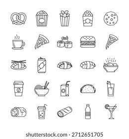 Iconos mínimos de línea negra de aperitivos y bebidas variados dispuestos en una variedad de cuadrícula ordenada de cinco por cinco
