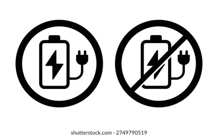 Minimal black line icons showing battery charging allowed and no charging symbols with power plug. Ideal for electrical safety signage, battery charging indicators, device power status UI, energy management graphics, and technology interface symbols.