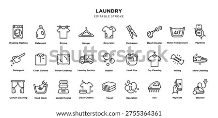 Minimal black line laundry icons set on white background, including washing machine, detergent, drying, hanger, steam cleaning, water temperature, payment and more.