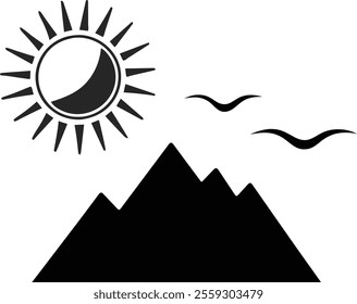 minimal black mountain shape with sun icon vector silhouettes suitable for adventure, logo, outdoor, nature, decorative elements