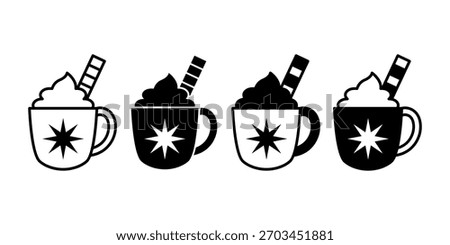Minimal black mug icons representing hot chocolate, coffee, or cocoa for winter and Christmas themes. Ideal for cozy visuals.