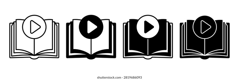 Minimal black open book icon with play symbol indicating audio book or media reading