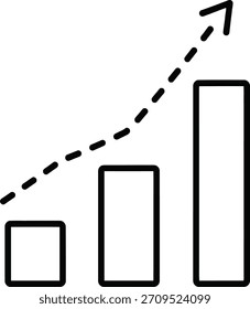 A minimal black outline bar chart icon showing growth with an upward arrow. Isolated on white background, perfect for business concepts.