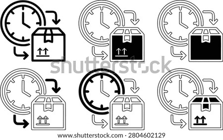 Minimal black outline delivery time icon collection featuring package box, clock, and directional arrows representing fast shipping, express delivery, logistics, courier service, parcel tracking, warehouse distribution, delivery schedule, order fulfillment, transportation, ecommerce, postal service, shipping deadline, dispatch process, supply chain, freight management, inventory movement, package handling, business logistics, online shopping, and commercial delivery operations. Clean editable stroke vector design suitable for websites, mobile applications, dashboards, user interface, user experience, infographics, presentations, print materials, branding, transportation systems, logistics platforms, courier companies, ecommerce stores, and modern digital products. Isolated on white background with scalable professional vector quality.