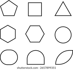 Forma geométrica de contorno preto mínima definida com círculos, triângulos e hexágonos em fundo branco, ideal para interfaces tecnológicas, diagramas ou kits de design digital.