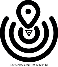 Minimal black outline icon of a mobile app featuring a location pin and gadget imagery designed for a “find-my-device” utility, tech tracking, or gadget locator interface.