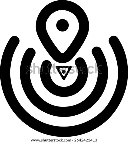 Minimal black outline icon of a mobile app featuring a location pin and gadget imagery designed for a “find-my-device” utility, tech tracking, or gadget locator interface.