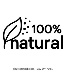 Minimal black outline leaf with dots and “100% Natural” text, symbolizing organic, eco-friendly, and sustainable products. Scalable vector EPS perfect for packaging, labels, and design projects.