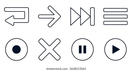 Minimal black outline media and navigation icons set with arrows, menu bars, and control buttons