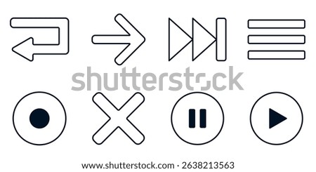 Minimal black outline media and navigation icons set with arrows, menu bars, and control buttons