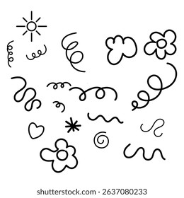 Minimal black outline swirl flower squiggle heart sun spiral doodle line icon curl abstract wave stroke fun shape set.