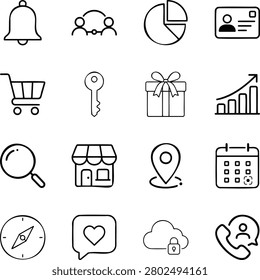 Minimal black outline vector collection featuring sixteen clean ecommerce, finance, business, travel, cloud, notification, document, shopping, security, checklist, camera, analytics, calendar, location, fountain, and navigation symbols. This modern hand drawn style icon set includes cloud sync, task clipboard, photo camera, growth chart, upload storage, water fountain, hotel building, piggy bank, appointment check, alarm bell, delivery bag, retail tote, map search, protected file, arrow button, and price tag on white background. Ideal for website interface, mobile app, online store, dashboard, presentation, infographic, booking platform, customer service, investment report, product label, marketing material, admin panel, or simple digital visual project design assets.