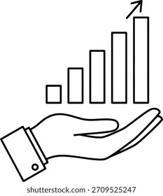 Icono de Vector de contorno negro mínimo de una mano que sostiene un gráfico de barra de crecimiento, que representa el éxito comercial. Aislado sobre fondo blanco.