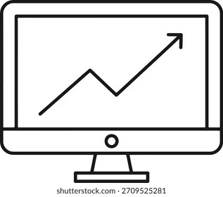 Ein minimales schwarzes Umriss-Vektorsymbol eines Monitors, das einen Wachstumsgraphen für das Unternehmen anzeigt. Einzeln auf weißem Hintergrund.