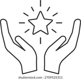 Minimal black outline vector icon showing hands holding a shining star, perfect for success concepts. Isolated on white background.