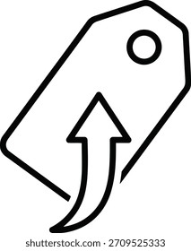 Icono de Vector de contorno negro mínimo de una etiqueta de Precio con una flecha Cargar, perfecto para el comercio electrónico. Aislado sobre fondo blanco.