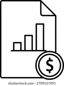 Um ícone vetor de contorno preto mínimo mostrando o relatório financeiro e moeda de dólar, isolado no fundo branco, ideal para negócios e finanças.