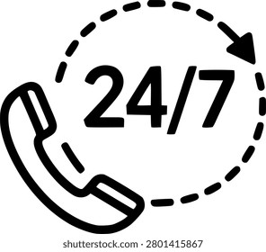Minimal black outline vector icon showing a phone handset with 24 7 text and circular arrow, representing nonstop customer support, hotline service, helpline, and round-the-clock assistance.