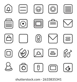 Ícones mínimos pretos com contorno da interface do usuário no layout da grade em fundo branco. 