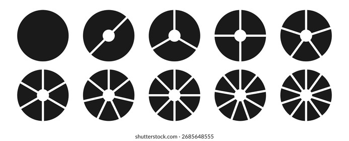 Minimal black pie chart icons in silhouette style. Modern collection for infographic, data visualization, and business design.