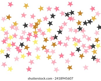 Minimal black pink gold stars magic scatter backdrop. Many stardust spangles birthday decoration particles. Baby shower stars magic texture. Sparkle symbols gift decor.