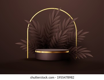 Minimal Black Scene With Geometric Shapes And Palm Leaves. Cylindrical Gold And Black Podium On A Brown Chocolate Background. 3D Stage For Displaying A Cosmetic Product