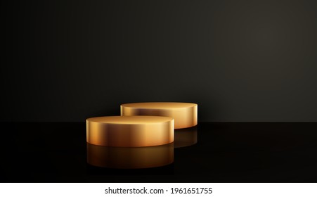 Minimal black scene with geometric shapes. Cylindrical gold and black podium on a black background. 3D stage for displaying a cosmetic product