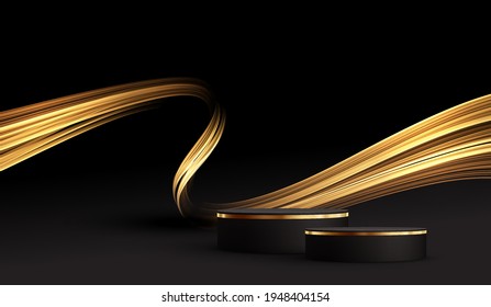 Minimal Black Scene With Golden Lines. Cylindrical Gold And Black Podium On A Black Background. 3D Stage For Displaying A Cosmetic Product